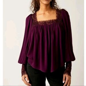Free People Women's Size L Merlot Flutter By Lace Trim Button Cuff Key Hole Top